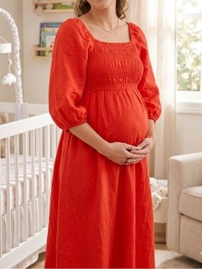 Isabel Maternity Midi Bright Coral Dress Square Neckline